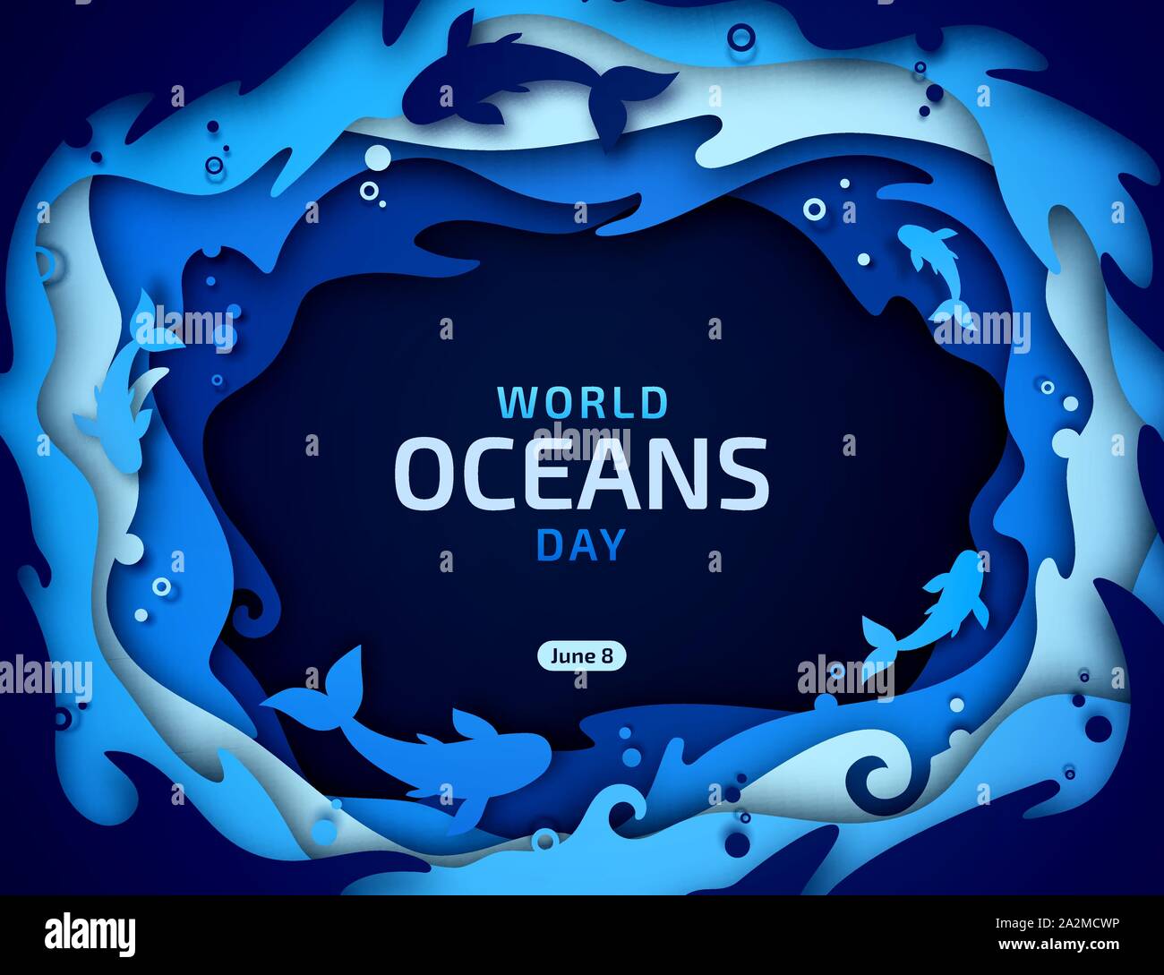 World Oceans Day, paper art. Global celebrate dedicated to protect and conserve purity of water, problem of plastic pollution of nature, ecosystem Stock Vector