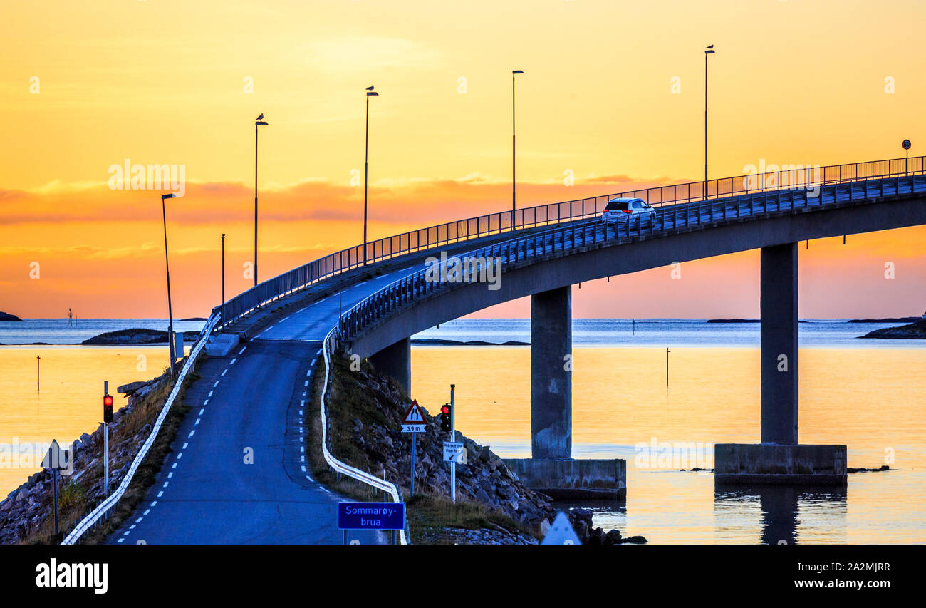 sunset at road bridge to sommaroy island, kvaloya, troms,tromso,norway Stock Photo