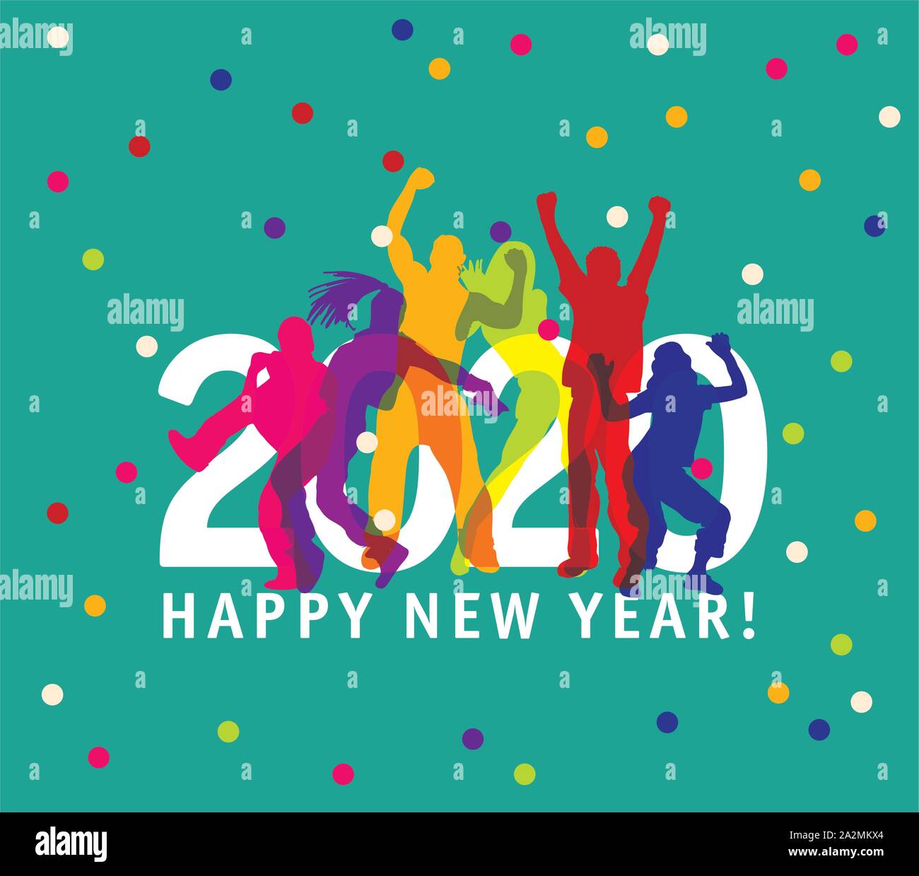 New year card 2020 symbol young group happy people color silhouette. Color vector illustration EPS8 Stock Vector