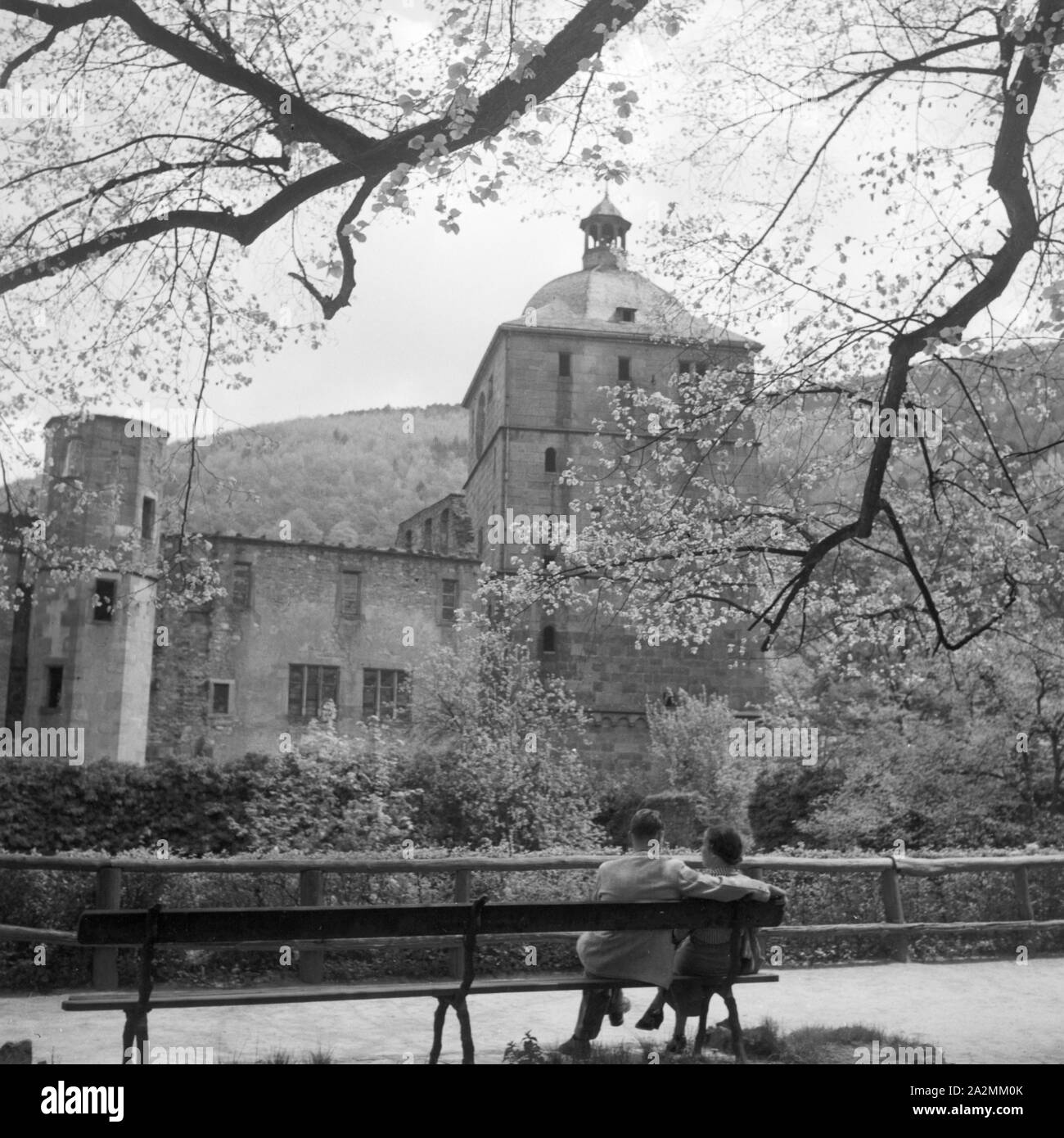 Ein Paar sitzt auf einer Bank vor dem Schloss in Heidelberg, Deutschland 1930er Jahre. A couple sitting on a bench in front of Heidelberg castle, Germany 1930s. Stock Photo