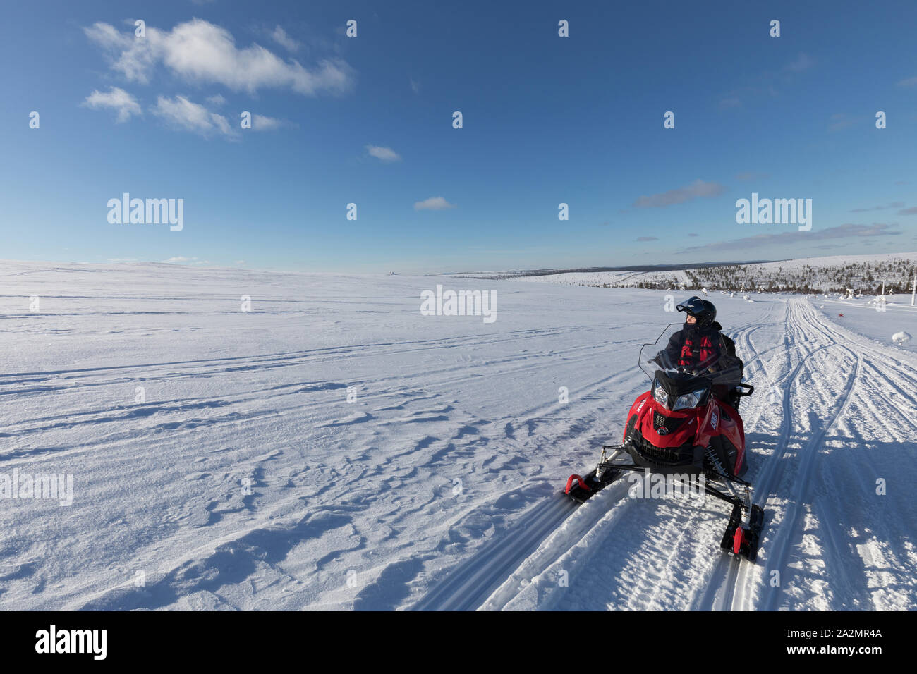 Woman driving snowmobile at arctic winter wonderland Lapland Stock Photo