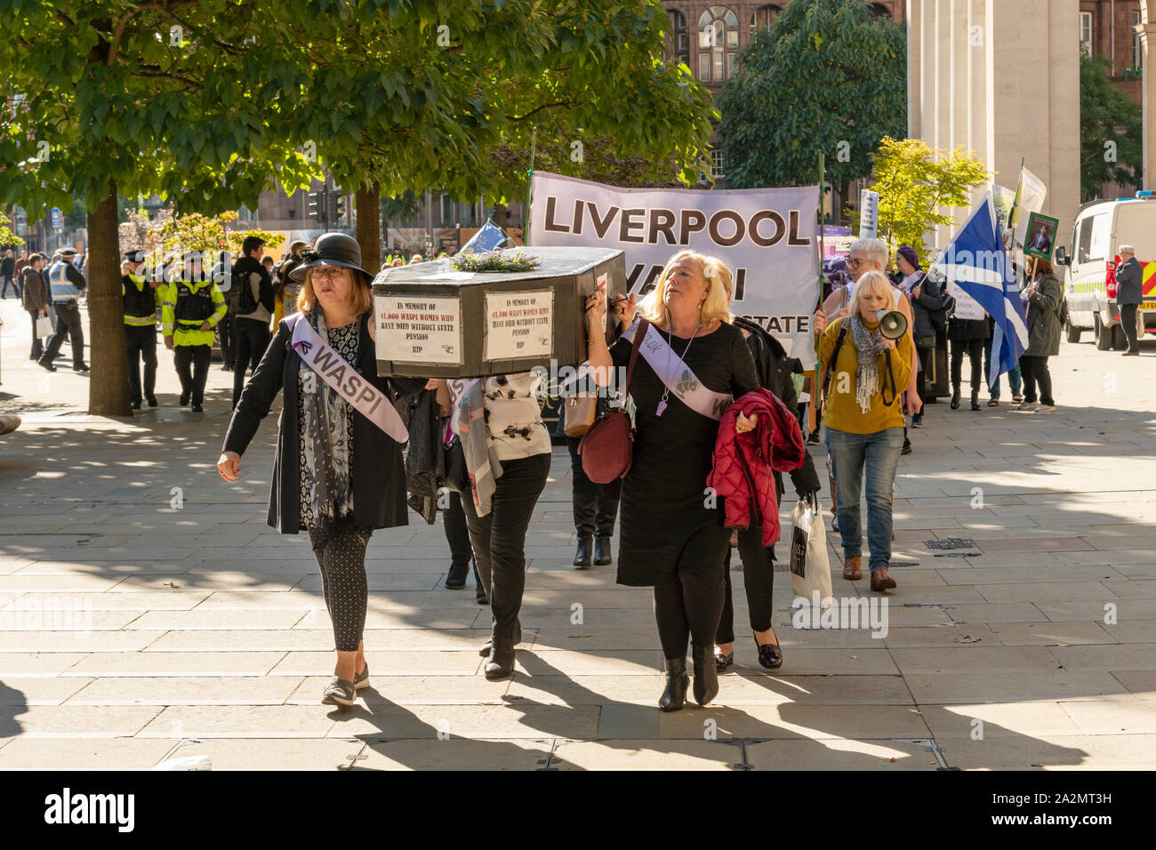 Manchester. October 2019: WASPI - Women Against State Pension Injustice protest at Conservative Conference Stock Photo