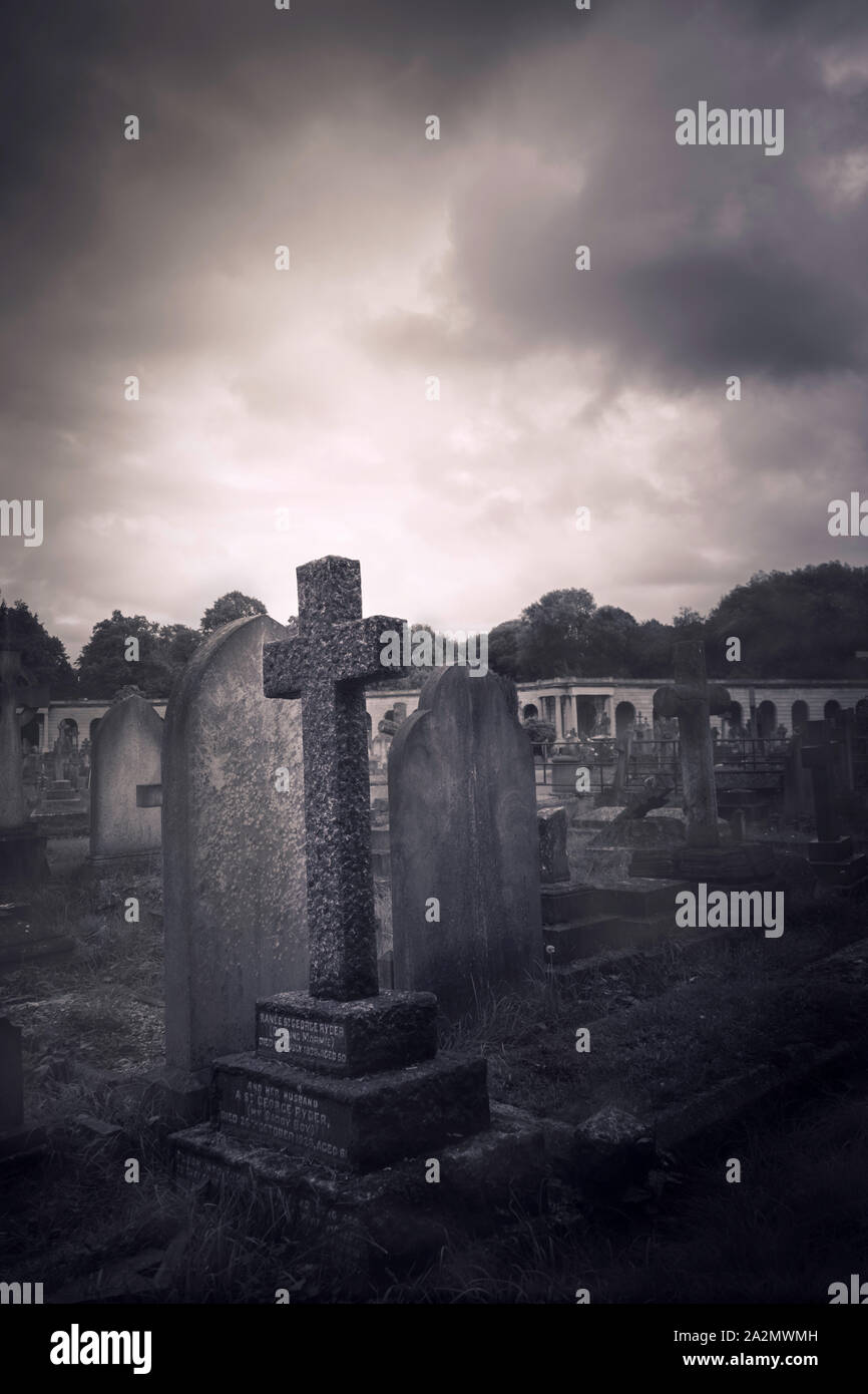 The atmospheric Bromptom Cemetery in Kensington, London, UK, Stock Photo