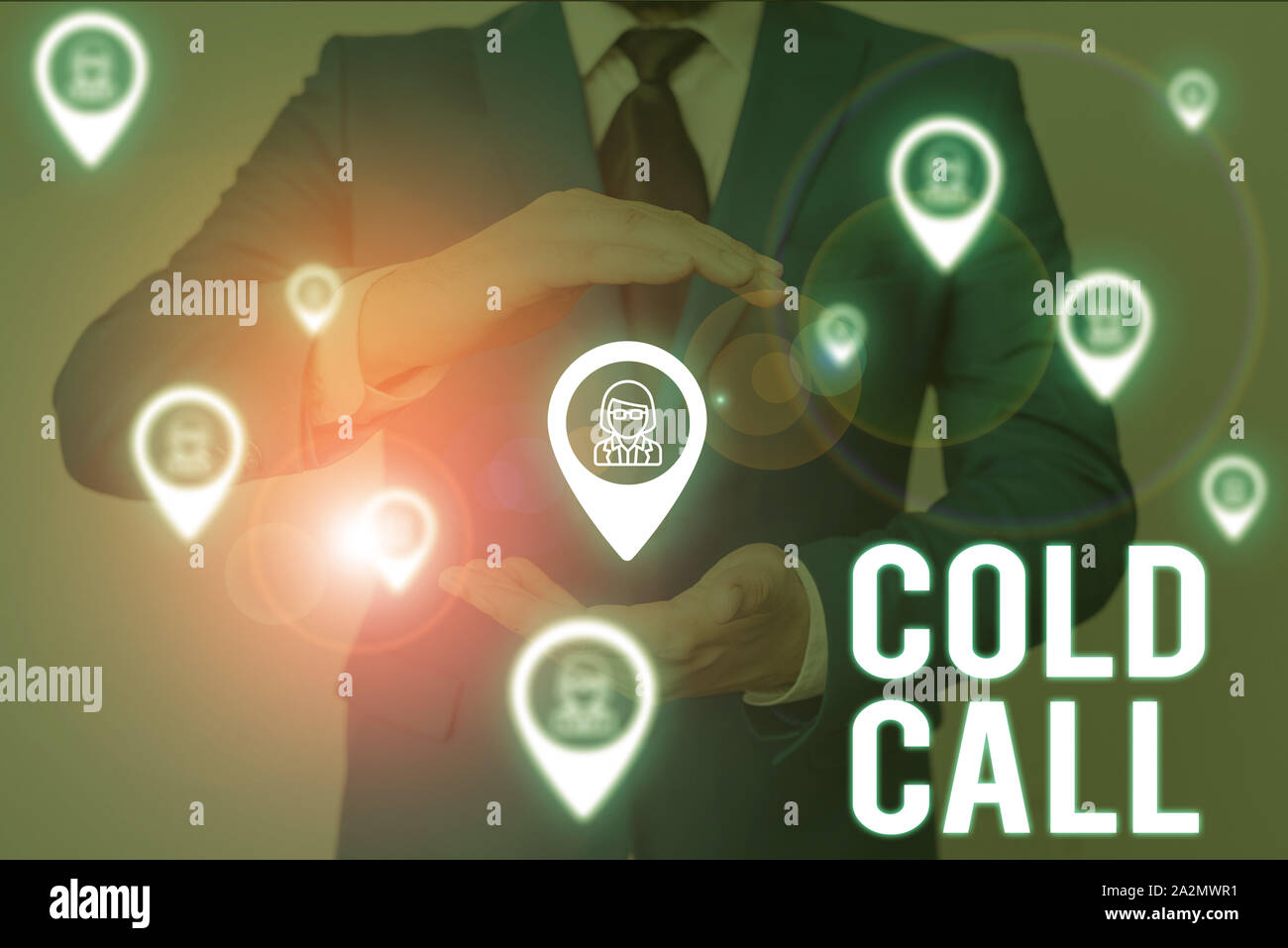 Word writing text Cold Call. Business photo showcasing Unsolicited call made by someone trying to sell goods or services Male human wear formal work s Stock Photo