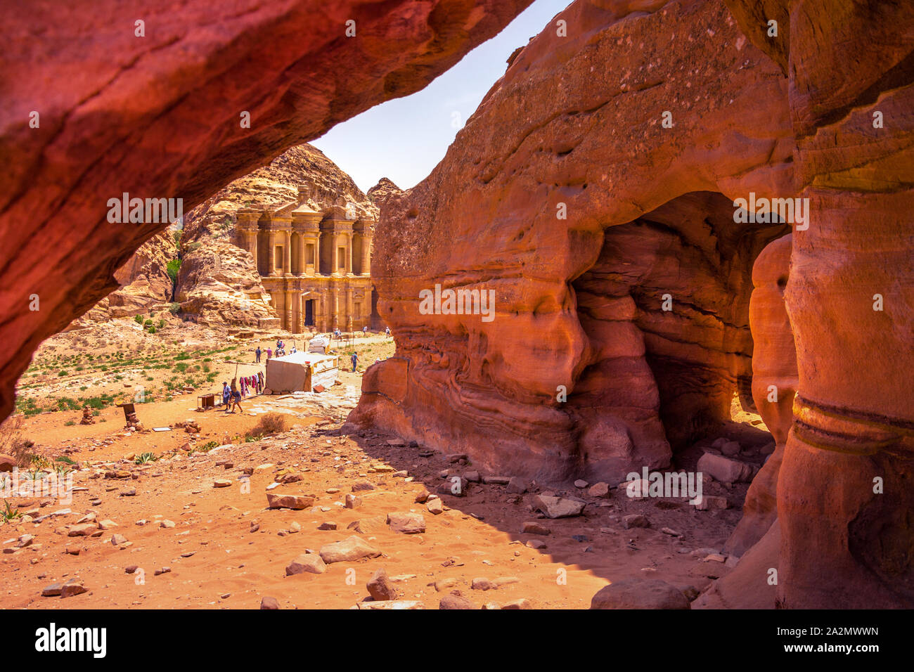 Giant temple of Monastery in sandstone at the ancient Bedouin city of Petra, Jordan Stock Photo