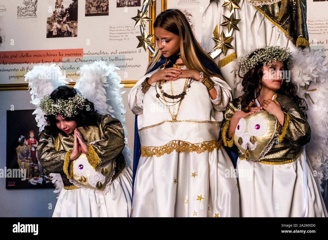 Italy Molise - Campobasso - Figurants places and fixed in 12 wooden machines parade in the procession of the Mysteries of Campobasso, Italy, in occasion of the Corpus Domini religious holiday Stock Photo