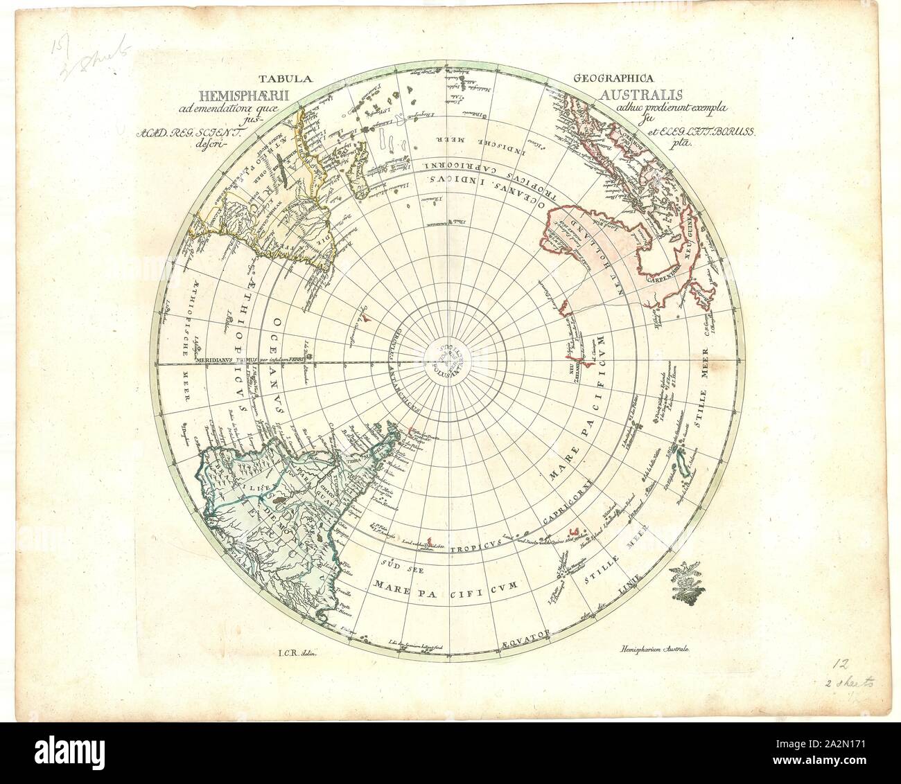 Map, Tabula geographica hemisphaerii australis ad emendatiora quae adhuc prodierunt exempla ... I.C.R. delin, Johann Christoph Rhode (1713-1786), Copperplate print Stock Photo