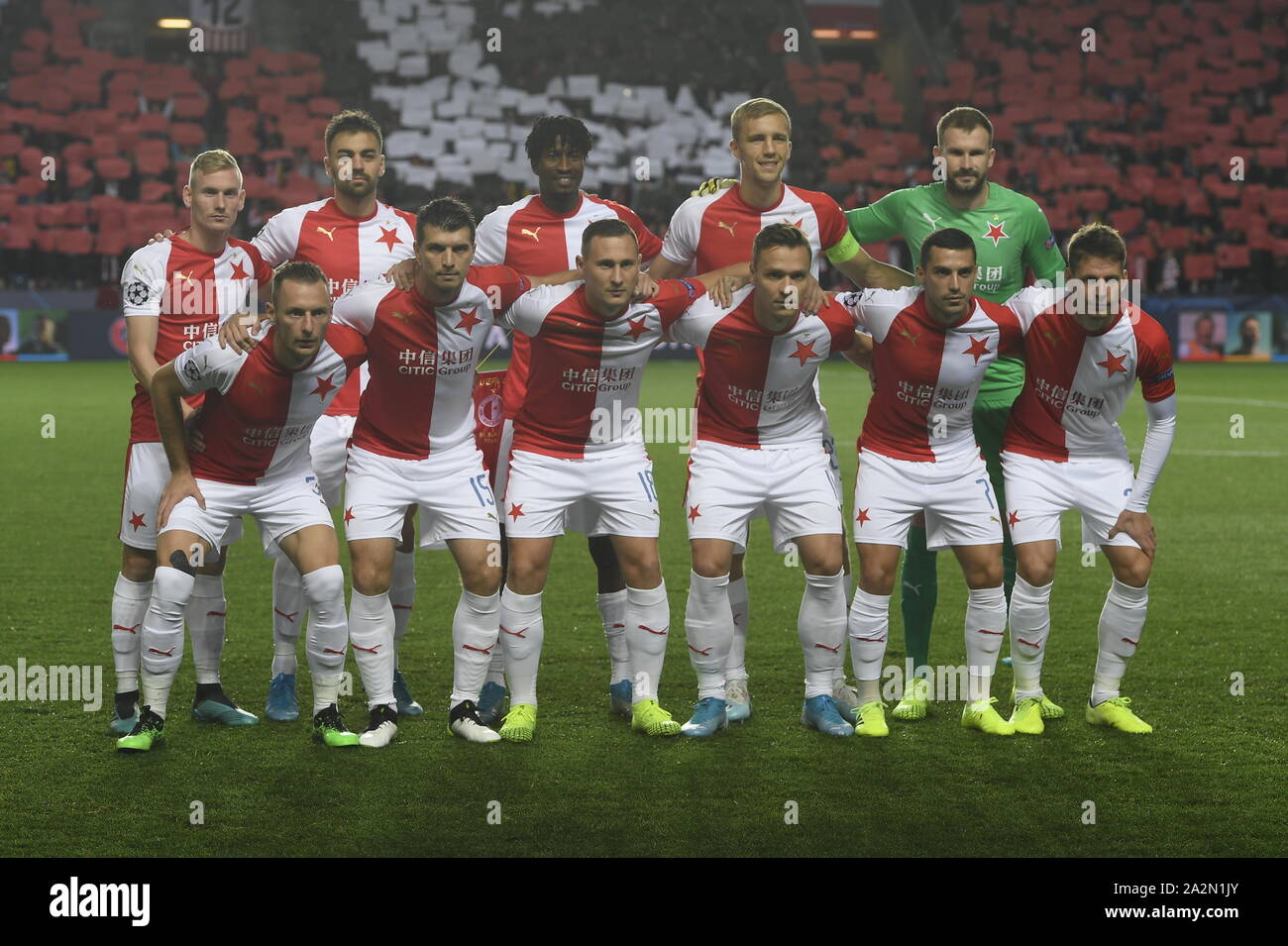 Prague, Czech Republic. 02nd Oct, 2019. SK Slavia Prague team pose prior to  the UEFA Champions League match SK Slavia Prague vs Borussia Dortmund,  second round of basic group F, on October