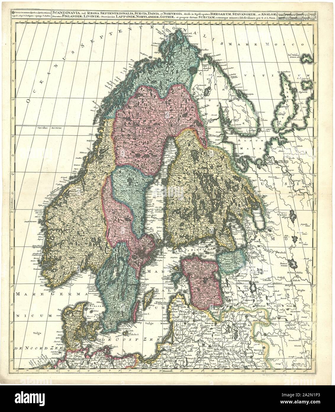 Map, Scandinavia, vel regna septentrionalia, Suecia, Dania, et Norvegia, Leonard Valk (1675-1755), Copperplate print Stock Photo