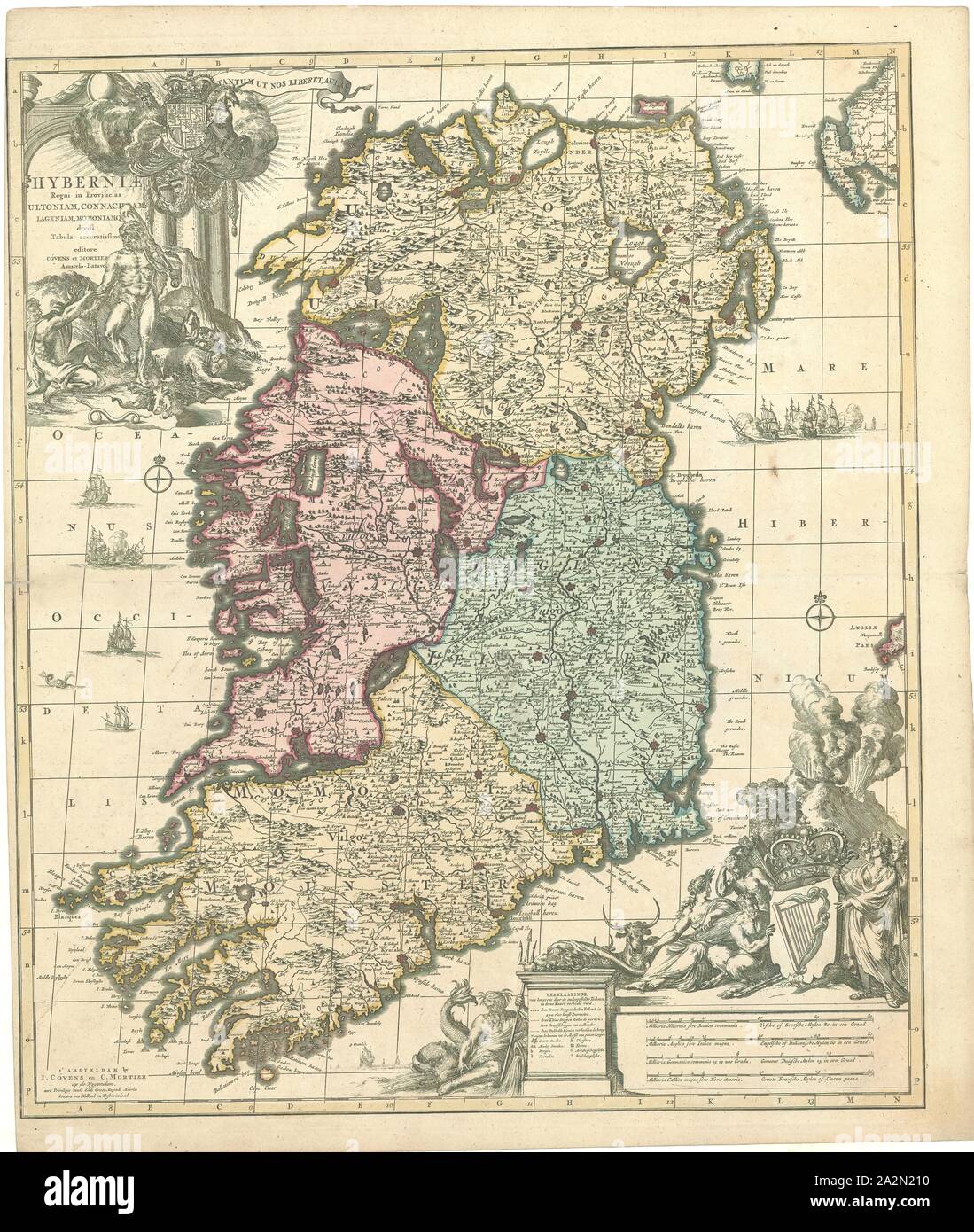 Map, Hyberniæ regni in provincias Ultoniam, Connacham, Lageniam, Momoniamq. divisi tabula accuratissima, Johannes Covens (1697-1774), Copperplate print Stock Photo