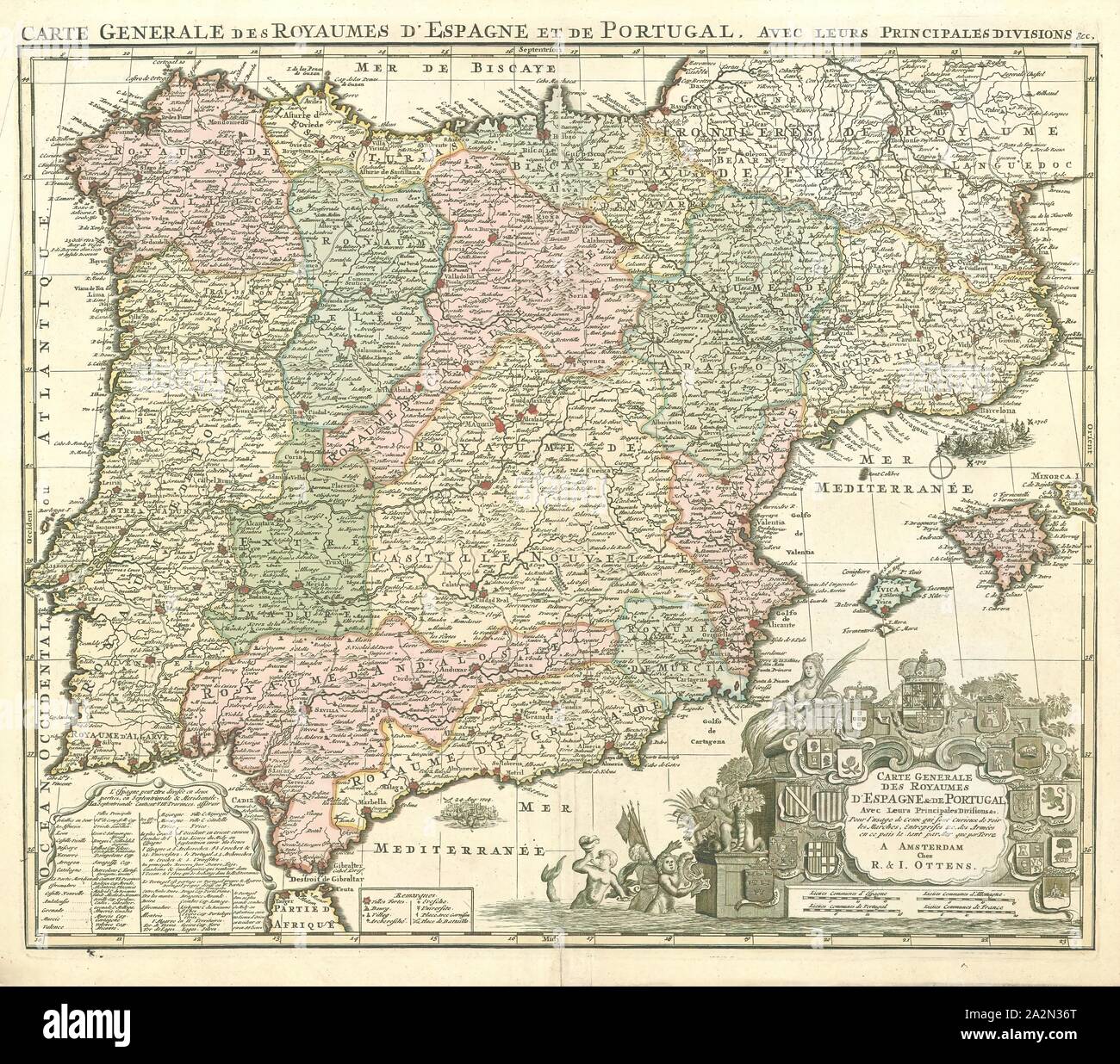 Map, Carte generale des royaumes d'Espagne & de Portugal avec leurs principales divisions &c., Copperplate print Stock Photo