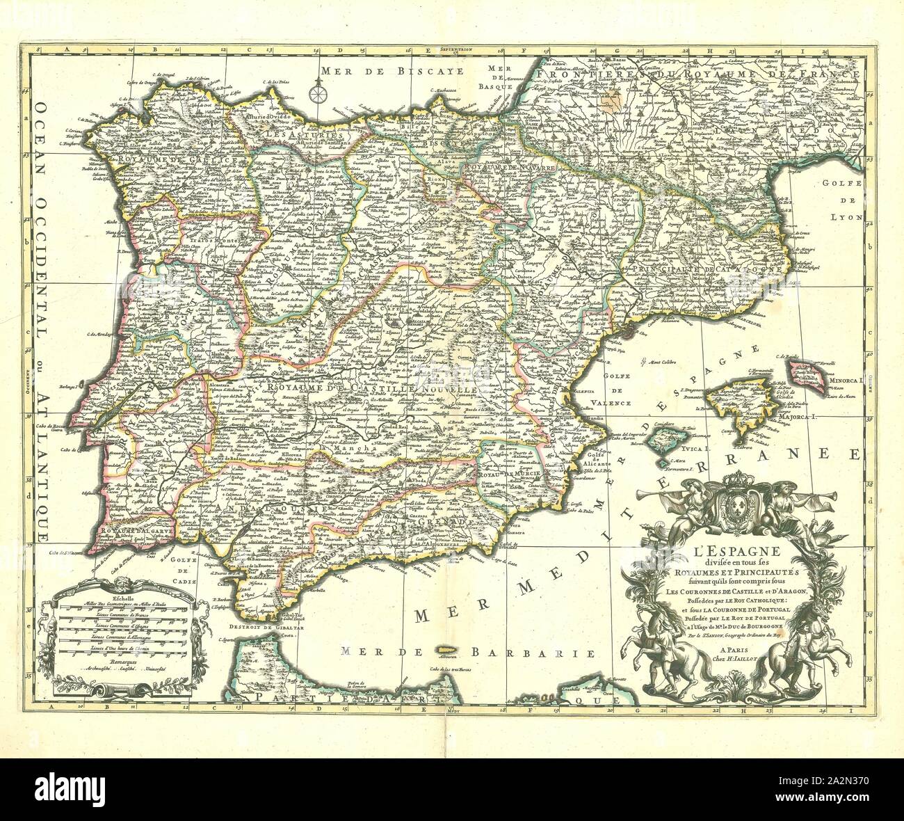Map, L'Espagne divisée en tous ses royaumes et principautés, Copperplate print Stock Photo
