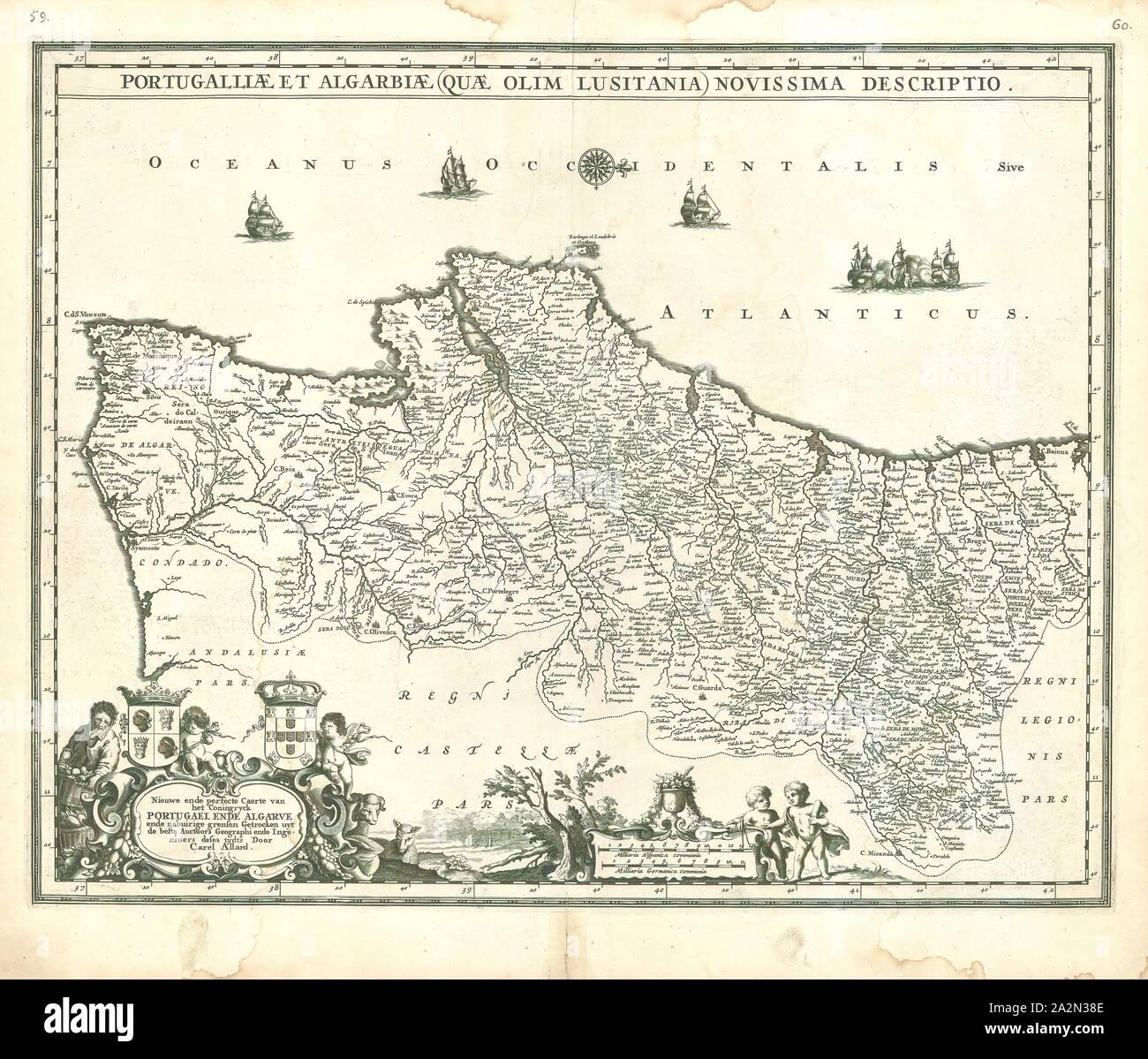 Map, Nieuwe ende perfecte caerte van het coningryck Portugael ende Algarve ende nabuirige grensen, Copperplate print Stock Photo