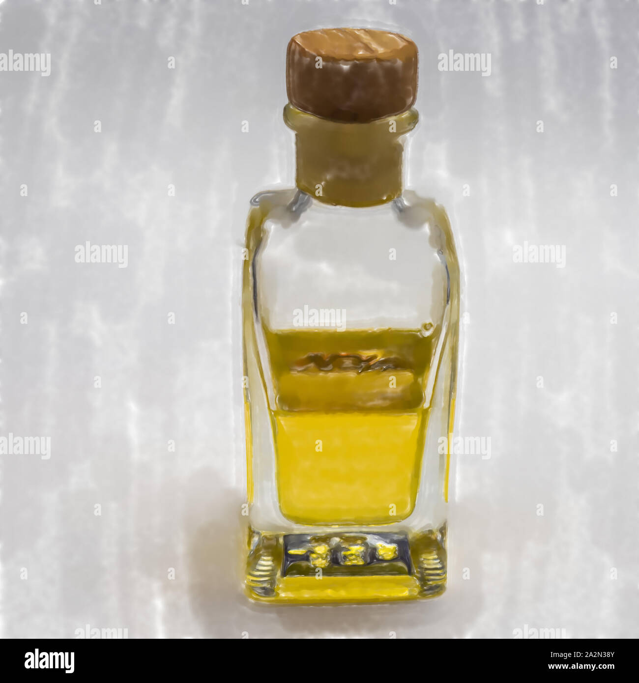 watercolor illustration: Transparent rectangular glass bottle with a cork stopper. Half filled with a yellow luminous liquid, exposed against a white Stock Photo