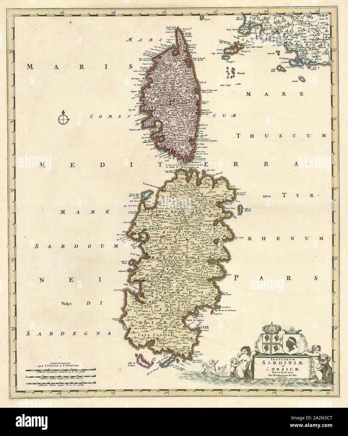 Map, Insularum Sardiniae et Corsicae descriptio, Frederick de Wit (1610-1698), Copperplate print Stock Photo