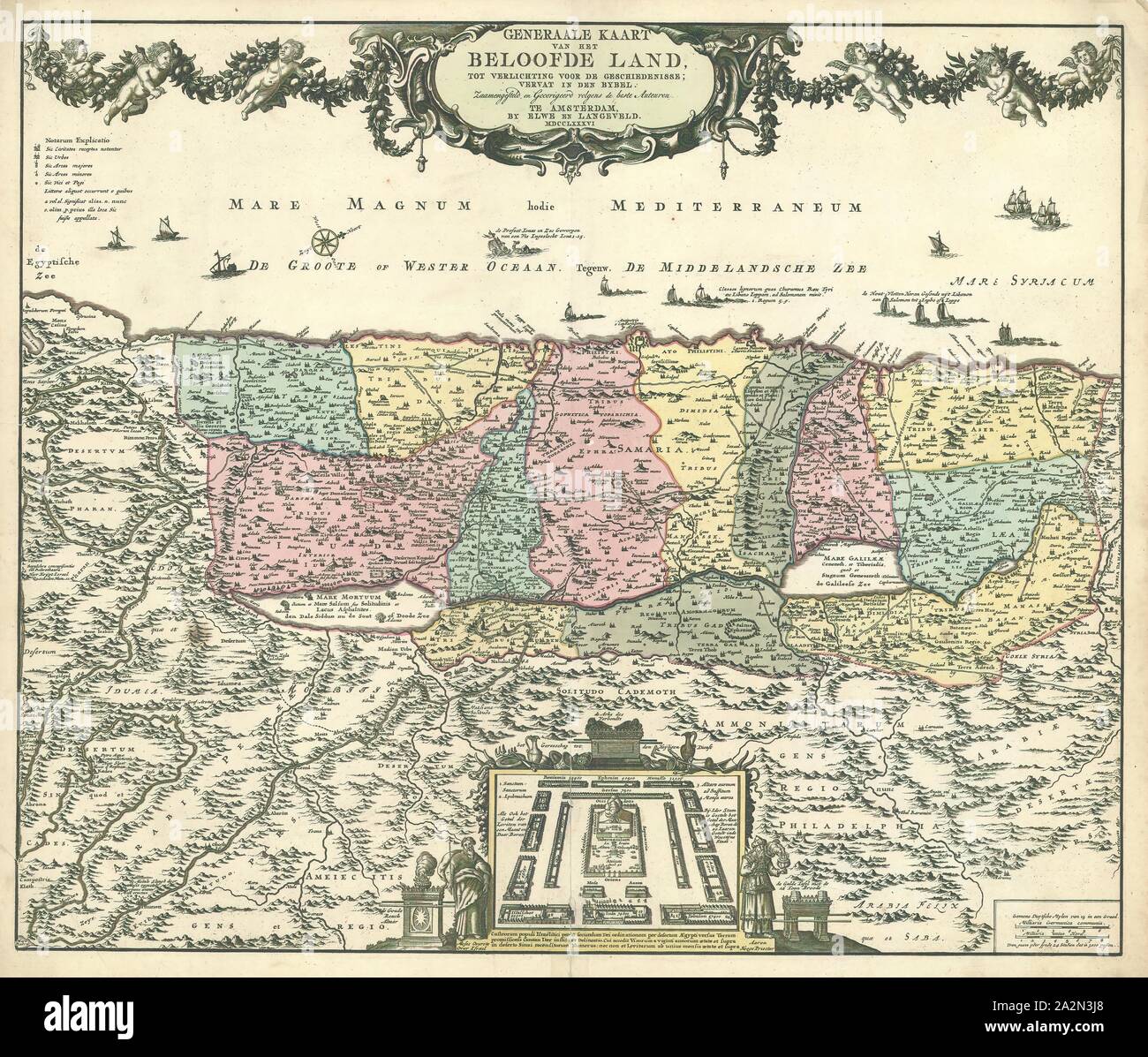 Map, Generaale kaart van het Beloofde Land, tot verlichting voor de geschiedenisse vervat in den Bybel, Copperplate print Stock Photo