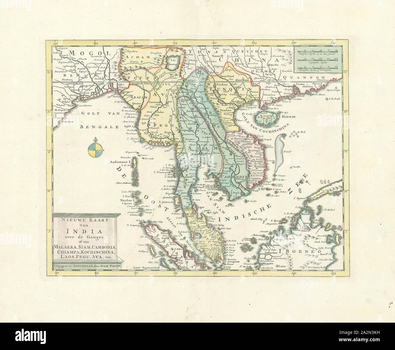 Map, Nieuwe kaart van India over de Ganges, of van Malakka, Siam, Cambodia, Chiampa, Kochinchina, Laos, Pegu, Ava, enz, Copperplate print Stock Photo