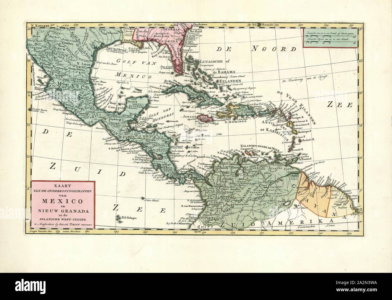 Map, Kaart van de onderkoningschappen van Mexico en Nieuw Granada in de Spaansche West-Indien, Copperplate print Stock Photo