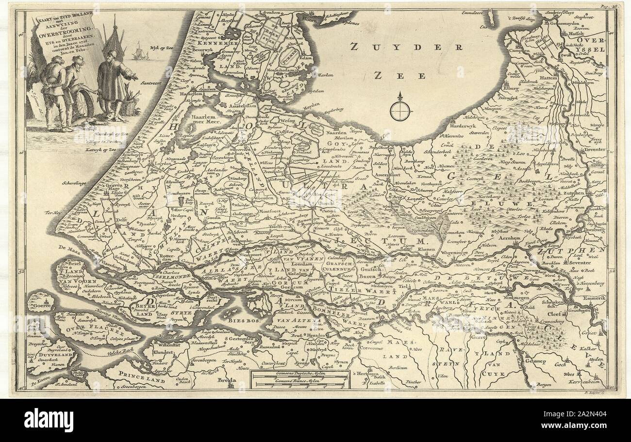 Map, Kaart van Zuyd Holland met aanwyzing der overstrooming door eys en dykbraaken, in den jaare 1726, omtrent de maanden jan. en febr., Jan Goeree (1670-1731), Copperplate print Stock Photo