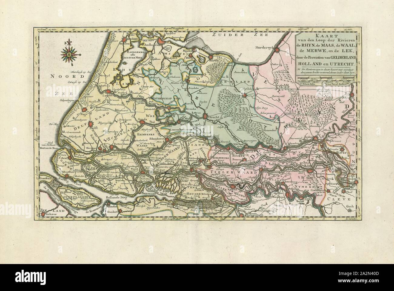 Map, Kaart van den loop der rivieren de Rhijn, de Maas, de Waal, de Merwe, en de Lek, door de provincien van Gelderland, Holland en Utrecht, Cornelis Velsen (1728-1749 fl.), Copperplate print Stock Photo
