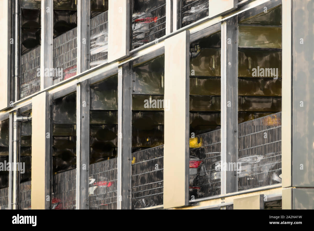 watercolor illustration: Detailed view of an ugly grey multi-storey car park for safe parking and parking of vehicles in front of the city gates. Stock Photo