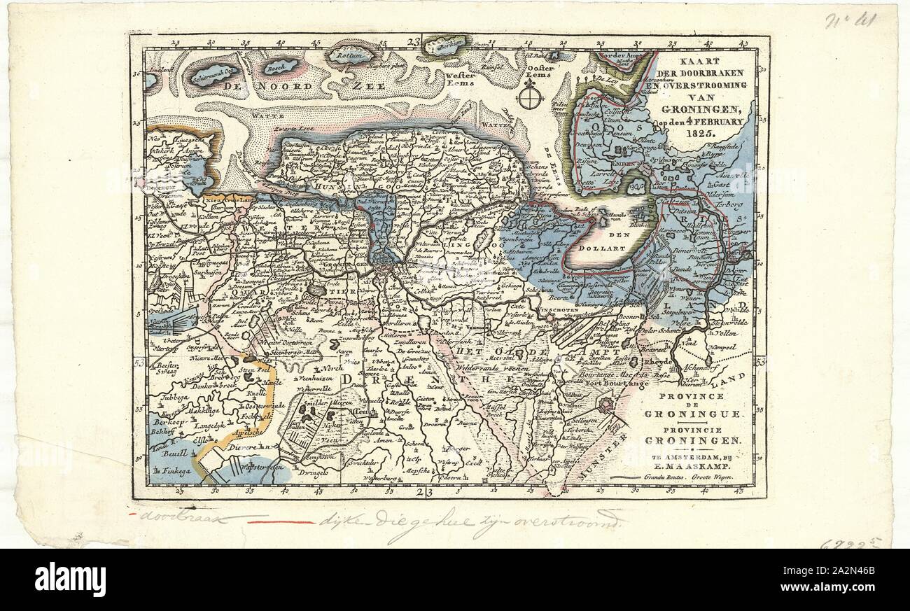 Map, Kaart der doorbraken en overstrooming van Groningen op den 4 February 1825, E. Maaskamp (1769-1834), Copperplate print Stock Photo