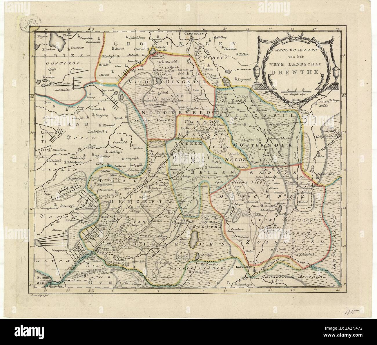 Map, Nieuwe kaart van het vrye landschap Drenthe, J. van Jagen (c. 1710-1800), Copperplate print Stock Photo