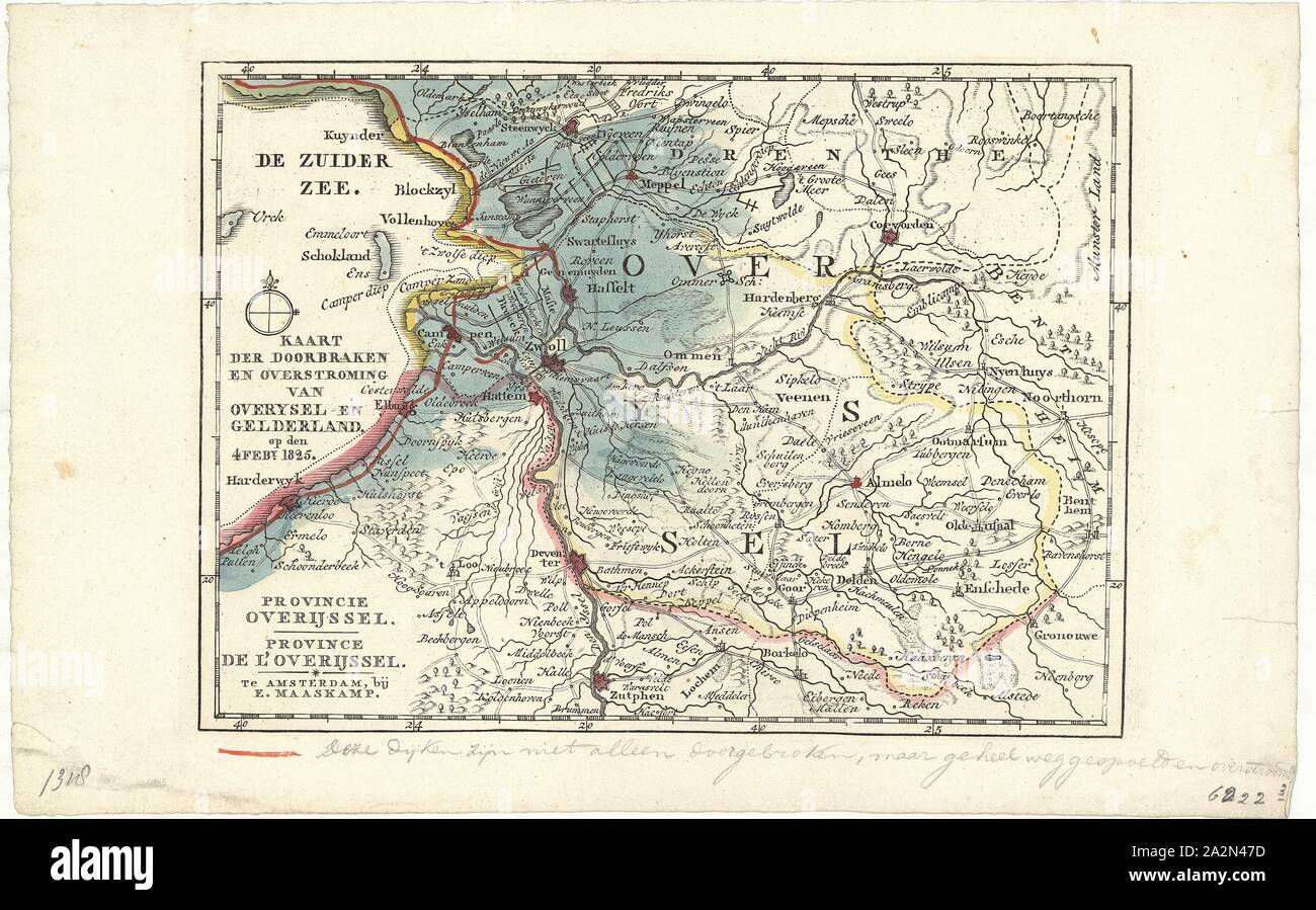 Map, Kaart der doorbraken en overstroming van Overysel en Gelderland op den 4 feb.y 1825, Copperplate print Stock Photo