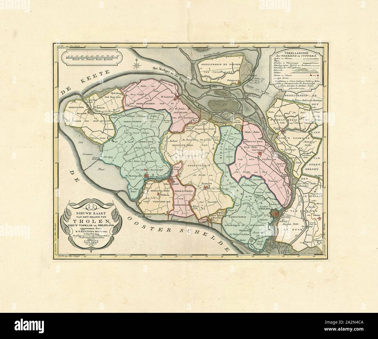 Map, Nieuwe kaart van het eiland van Tholen, Nieuw Vosmaar en Philipland, Willem Tiberius Hattinga (1700-1764), Copperplate print Stock Photo