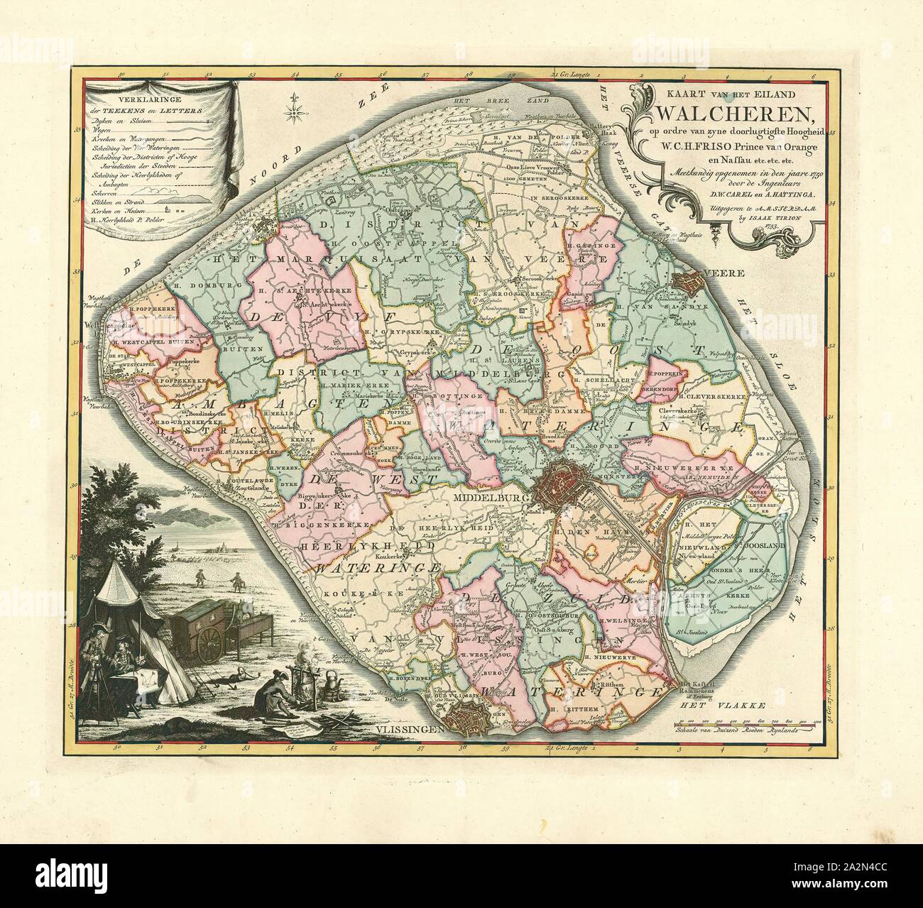 Map, Kaart van het eiland Walcheren, David Willem Coutry Hattinga (1730-1789), Copperplate print Stock Photo