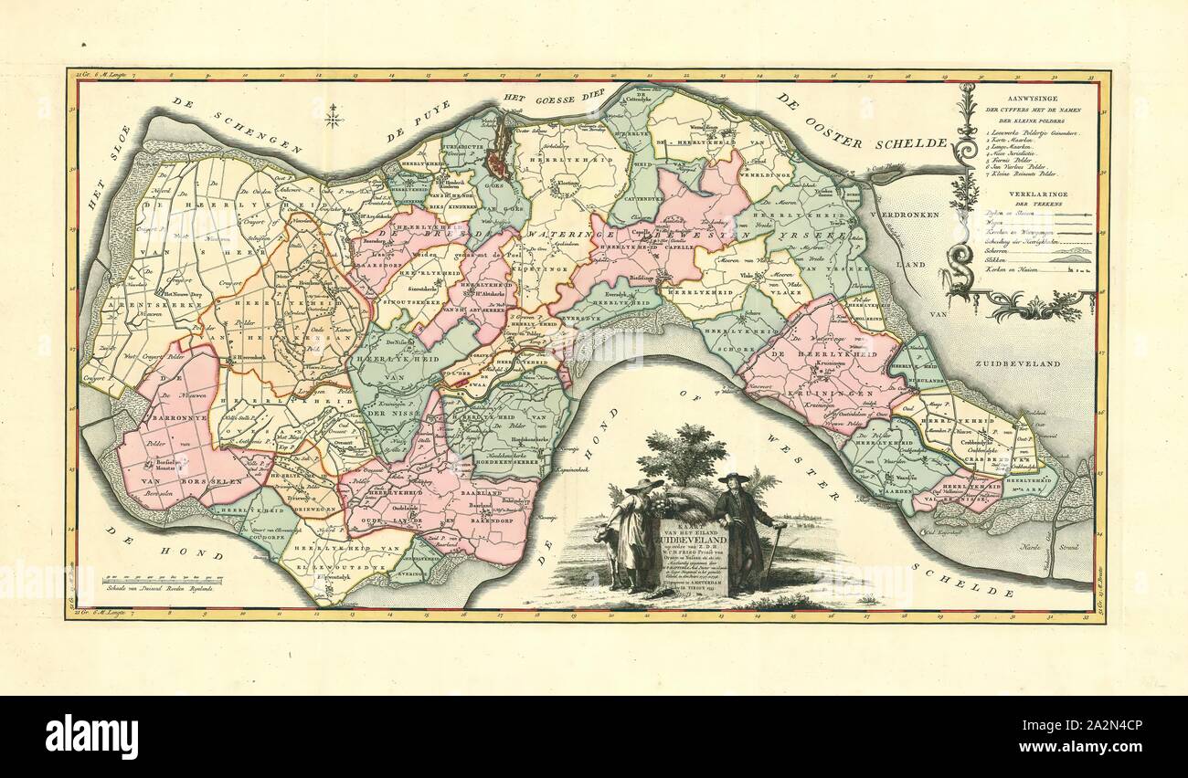 Map, Kaart van het eiland Zuidbeveland, Willem Tiberius Hattinga (1700-1764), Copperplate print Stock Photo