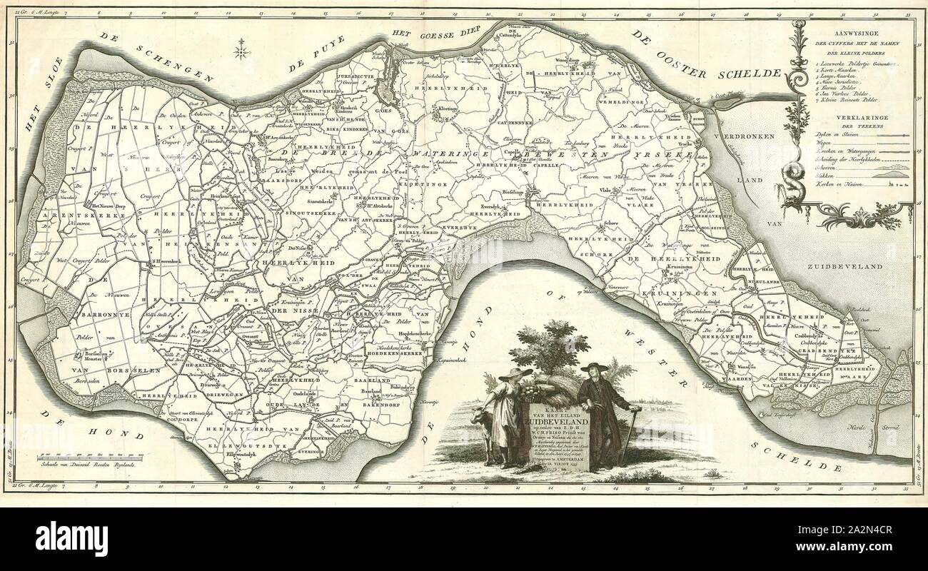 Map, Kaart van het eiland Zuidbeveland, Willem Tiberius Hattinga (1700-1764), Copperplate print Stock Photo