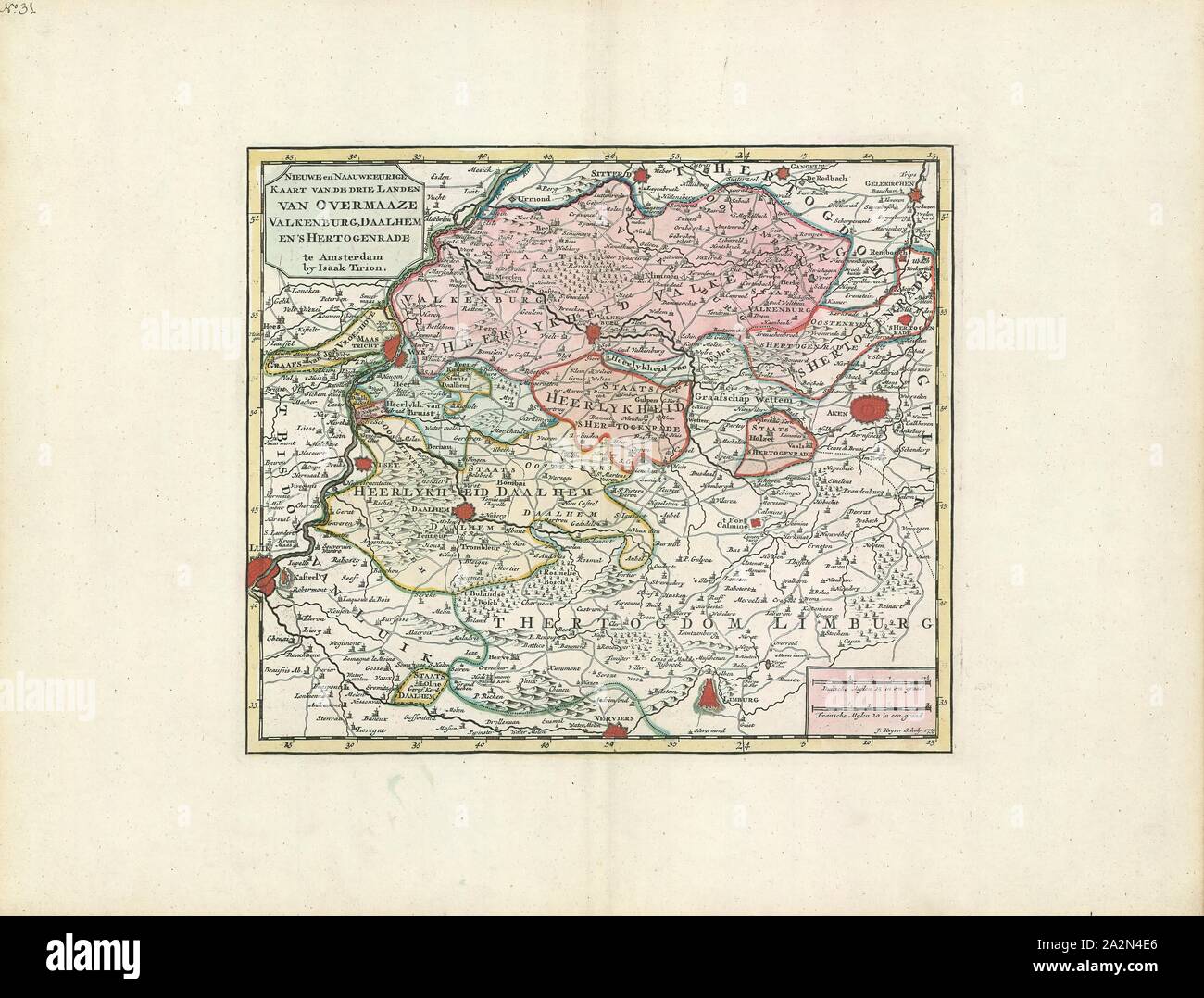 Map, Nieuwe en naauwkeurige kaart van de drie landen van Overmaaze, Valkenburg, Daalhem en 's Hertogenrade, Jacob Keyser (1710-1745 fl.), Copperplate print Stock Photo