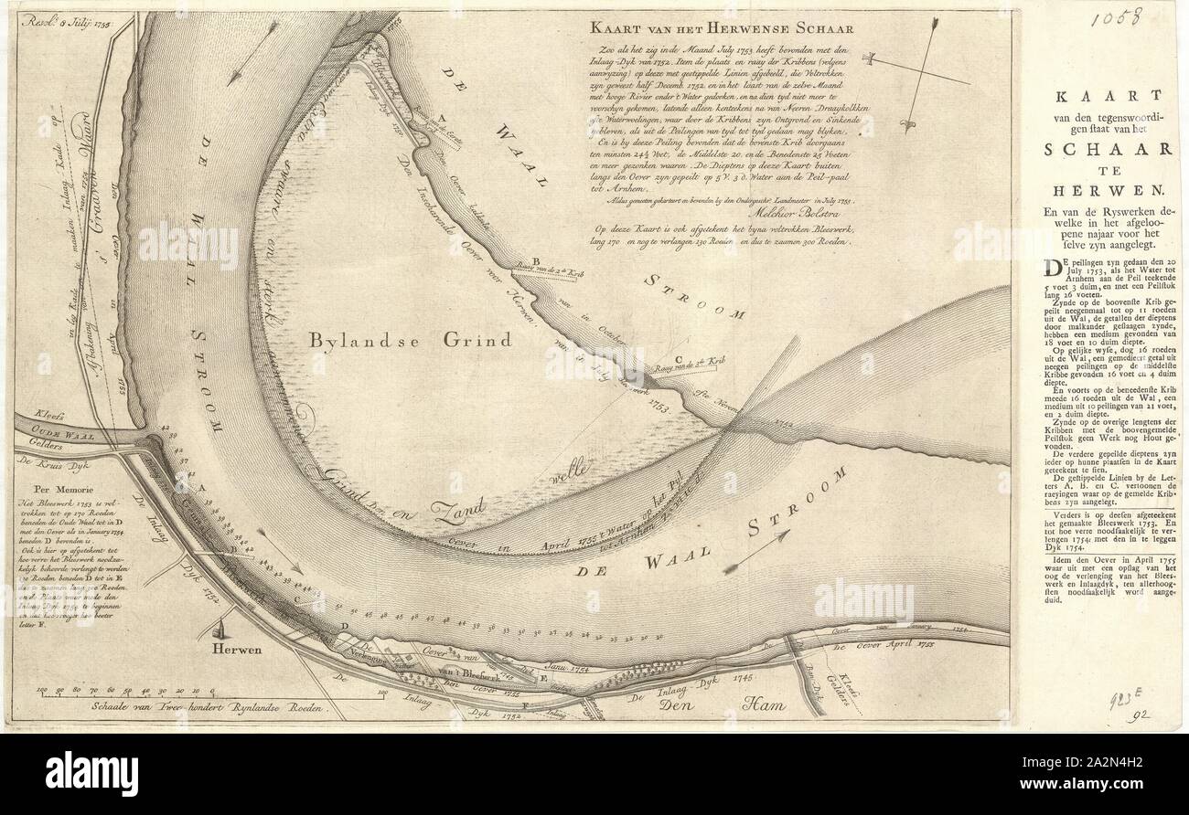 Map, Kaart van het Herwense schaar zoo als het zig in de maand july 1753 heeft bevonden met den inlaag-dyk van 1752 ..., Melchior Bolstra (1704-1779), Copperplate print Stock Photo