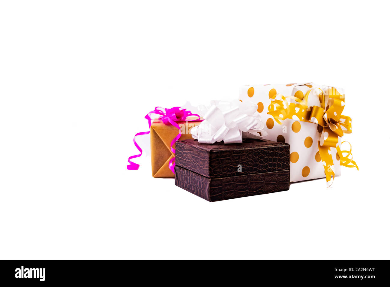 Set of colorful decorative gift box with bows and ribbons on white