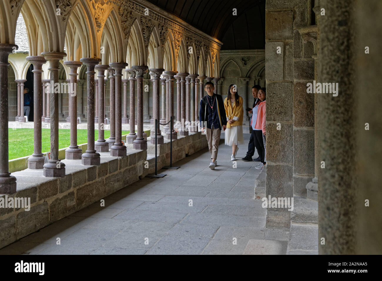 MONT ST-MICHEL, FRANCE, September 28, 2019 : Into the cloister of the Abbey. Mont Saint-Michel Abbey and its bay are on the list of World Heritage Sit Stock Photo
