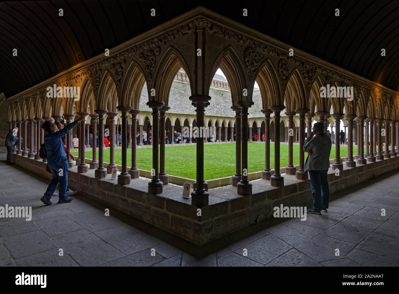 MONT ST-MICHEL, FRANCE, September 28, 2019 : Into the cloister of the Abbey. Mont Saint-Michel Abbey and its bay are on the list of World Heritage Sit Stock Photo