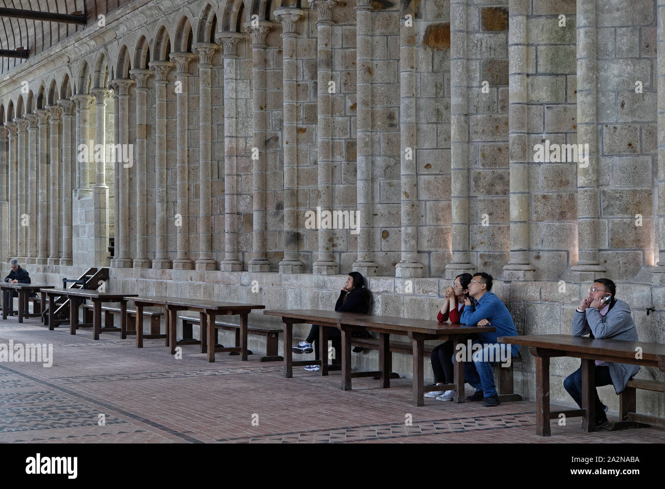 MONT ST-MICHEL, FRANCE, September 28, 2019 : Monks dining room in the Abbey. Mont Saint-Michel Abbey and its bay are on the list of World Heritage Sit Stock Photo