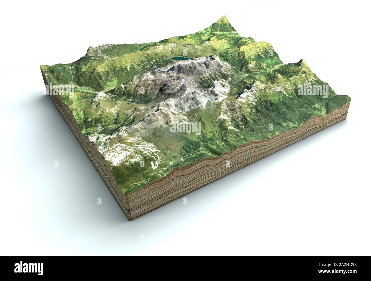 Satellite view of the Marmolada, Dolomites, mountain range of the Alps, 3d render. Alpine landscape, section of land in 3d. Italy. Stock Photo