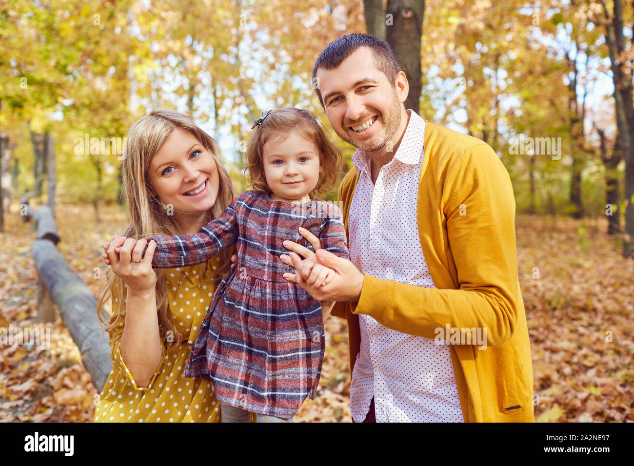 Family playing with baby in the park in autumn. Stock Photo