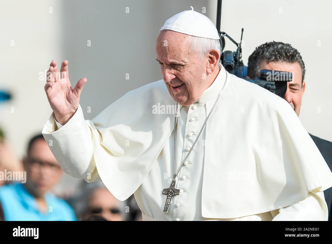 Pope Francis during his weekly general audience Wednesday in St. Peter's Square, at the Vatican on october 02, 2019 Stock Photo