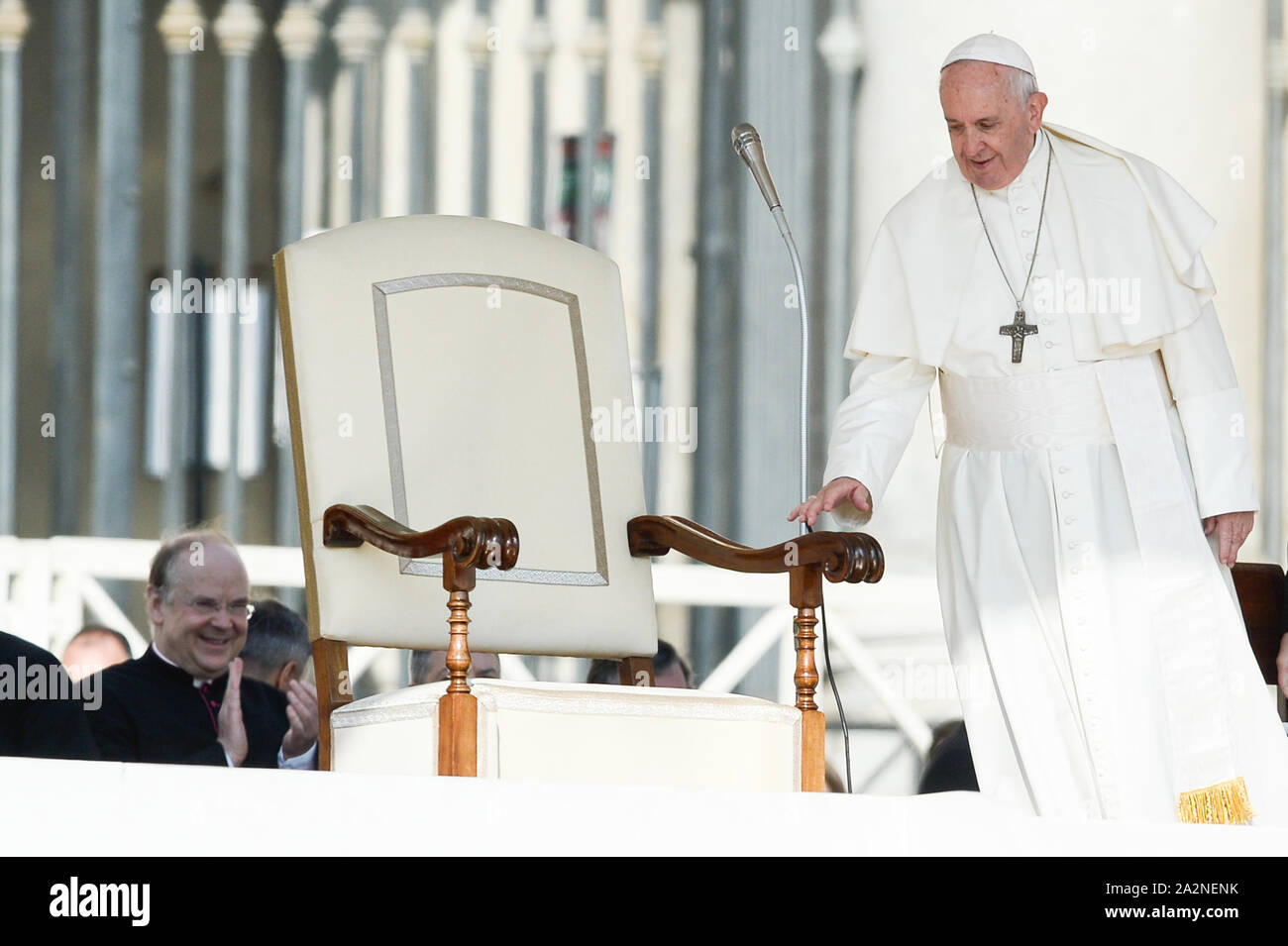 Pope Francis during his weekly general audience Wednesday in St. Peter's Square, at the Vatican on october 02, 2019 Stock Photo