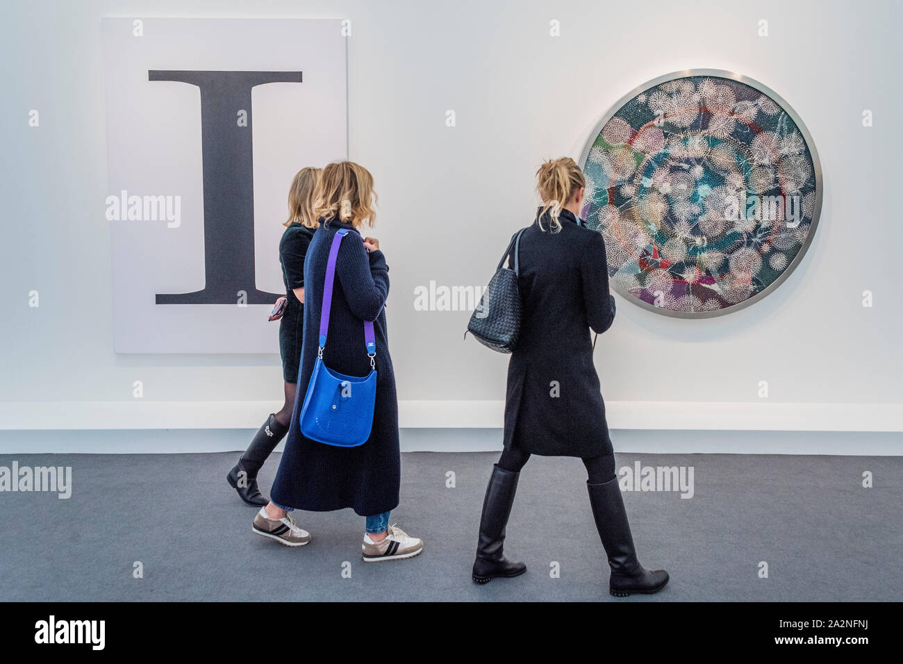 London, UK. 3rd Oct 2019. Self Portrait (Modern No 20 Bold) by Mark Wallinger and Algorithm for Tectonic Regroupings and Divergent Boundaries, 2018, by Bharti Kher in Hauser & Wirth - Frieze London, an annual Art Fair in Regents Park. It brings together more than 160 of the world’s leading contemporary galleries, with special curated sections: Focus, showcasing emerging talent; LIVE, a platform for performance art; and new for 2019, Woven, which explores textiles, weaving and the legacies of colonialism.  It remains open till 6 Oct 2019. Credit: Guy Bell/Alamy Live News Stock Photo