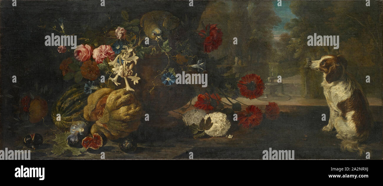 Still Life with Fruits and Flowers, Parrot and Dog, Oil on Canvas, 62 x 148 cm, Not Specified, David de Coninck, Antwerpen um 1644–nach 1701 Brüssel Stock Photo