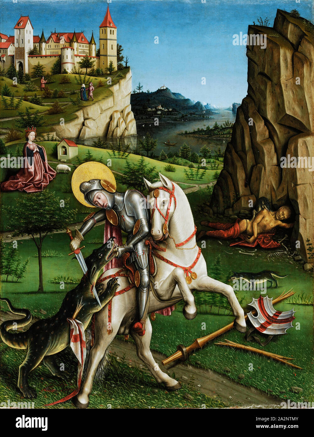 The Dragon Battle of St., Georg (inside), The Lamentation of Christ under the cross (outside), c. 1445-1450, mixed technique on fir wood, 144 x 110.5 cm, unmarked, Meister von Sierentz Stock Photo