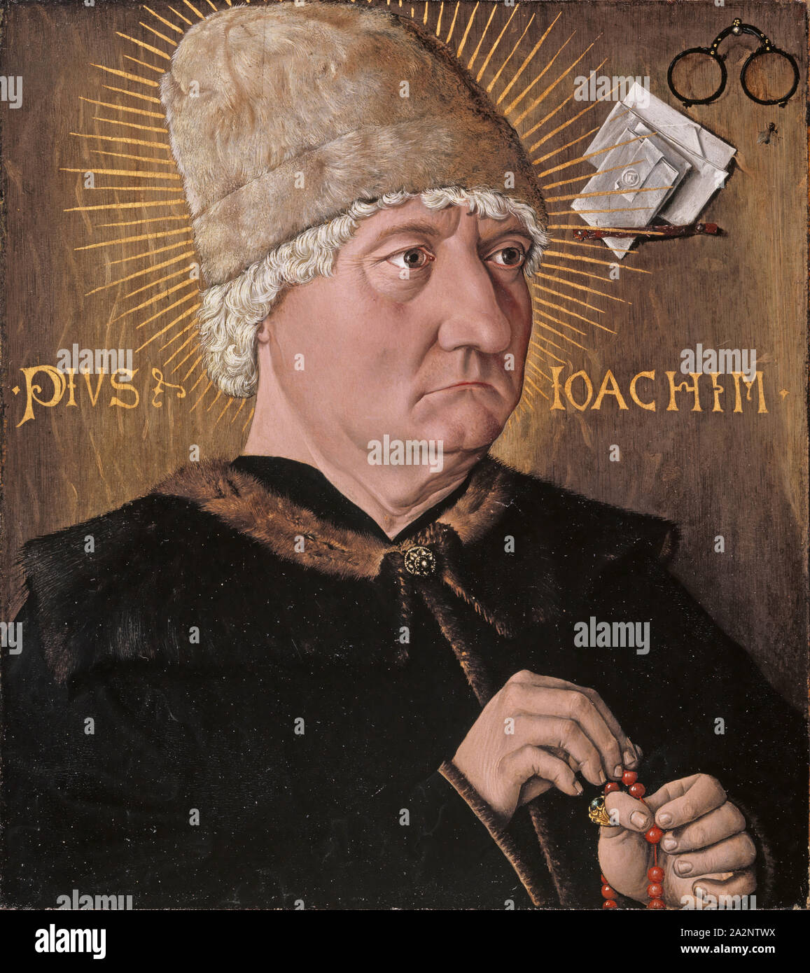 Portrait of an Older Man (Pius Joachim), c. 1475, mixed technique on basswood, 44 x 38.7 cm, unsigned, Bayerischer Meister, 15. Jh Stock Photo