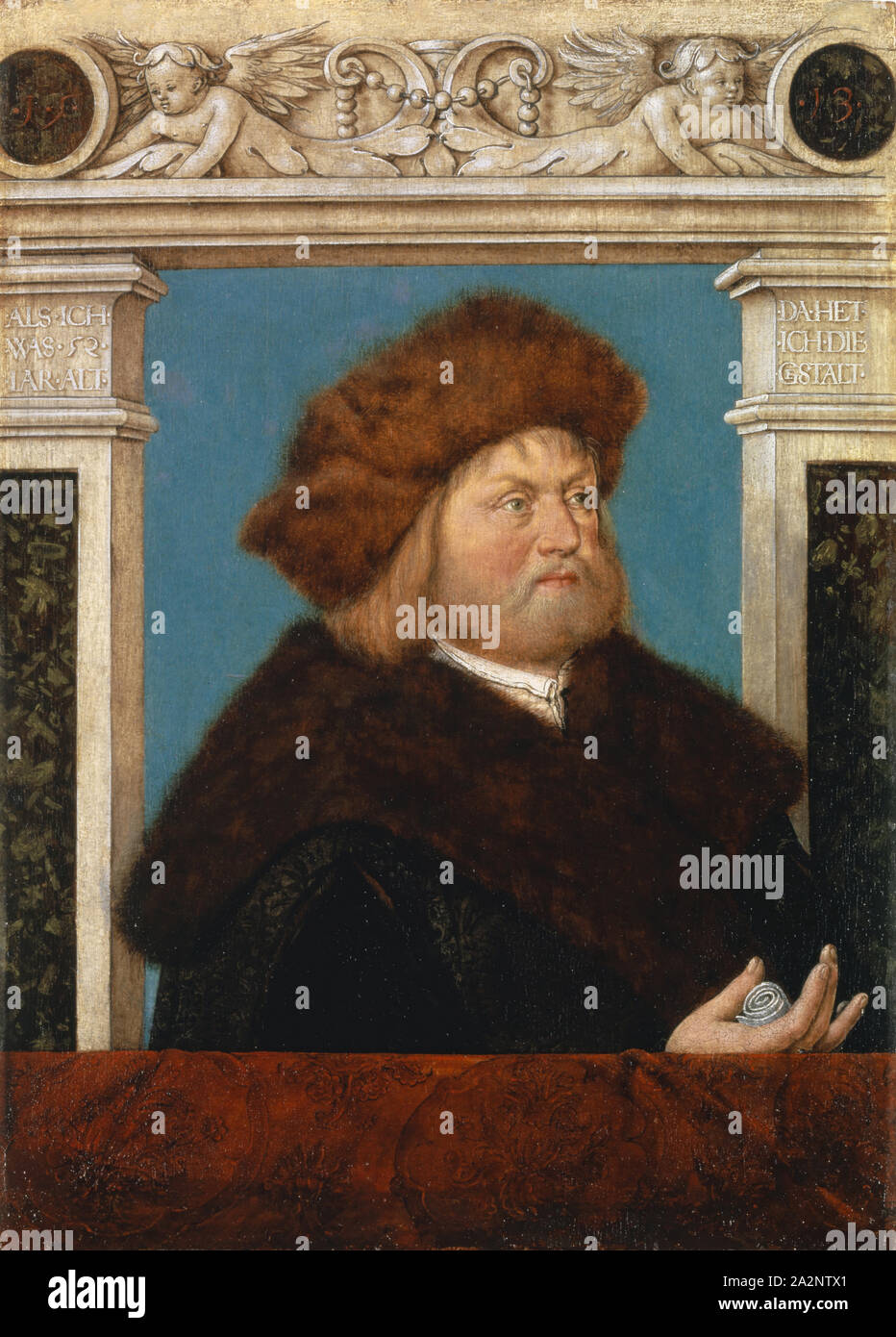 Portrait of Philipp Adler, 1513, oil on linden (?) Wood, 41.3 x 29.5 cm, Not marked but dated: In the locket medallions the year: • 1 • 5 •, • 13 •, on the capitals: ALS • ICH • WHAT • 52 • IAR • OLD • (left), DA • HET • I • THE • G (e) STALT • (right), Hans Holbein d. Ä., Augsburg um 1460/65–1524 Stock Photo