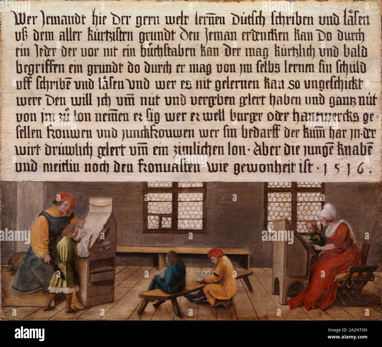Signboard of a schoolmaster (children's page), 1516, mixed technique on spruce, 55.3 x 65.5 cm, Not marked, but dated in the text box: Whoever likes to learn the world [...] dubiously write and read, write the Jeman for the sake of all the basics, can do by, anyone who can not bother before nit can • quickly and quickly, understand a reason do through he likes to learn from Himself sin blame, uff writing and reading and who can not learn it so awkward, were, that I want to have liberated for the sake of [and] forgot and forgive, and from jm zuo lon lem [m] he sig who he is well burger or Stock Photo