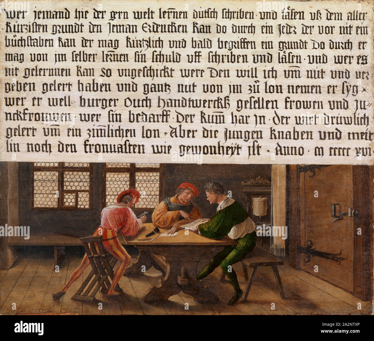 Sign of a schoolmaster (adult side), 1516, mixed technique on spruce, 55.3 x 65.5 cm, Not marked, but dated in the text box: who someone likes to learn the world scholarly [...] and read the all, kurzisten grundt the jeman, Erdencken can do so by anyone who can not nit a, buochstaben the may like and soon understands a reason do through him, her in the self-learning [n] sin blame uff rub and read • and who can, n learn kan so awkward, I would have lured him to death and to give and give, and to give of all in the world to him, he, she, well, burger, ouch, hand-to-hand, and fugen, and fawns, m Stock Photo