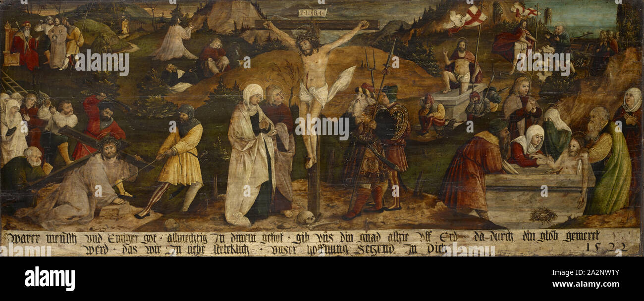 The Passion of Christ, 1522, mixed technique on fir wood, 59.5 x 147 cm, dated lower right: 1522, under the representation the inscription: Warer human and eternal got. Allmechtig in the order., give us din gnad alhie uff ERd., because of being din glob, werd., that we love constantly., our hope putting in you., Hans Leu d. J., Zürich um 1490–1531 in der Schlacht am Gubel Stock Photo